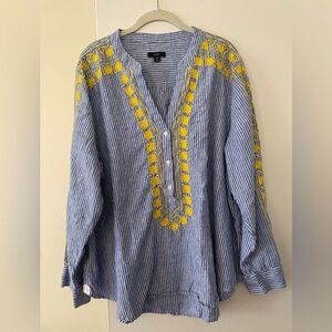 J. Crew Blue and White Striped Top with Yellow Embroidery